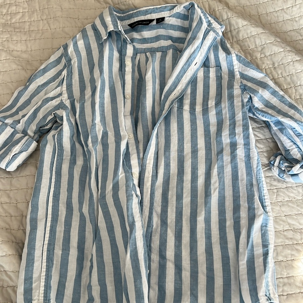 janie and jack boy linen/cotton blend button down collared shirt blue and white